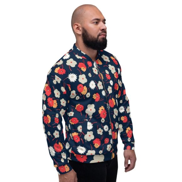 White, gray, pink and red flowers pattern  Unisex Bomber Jacket - Picture 3 of 10